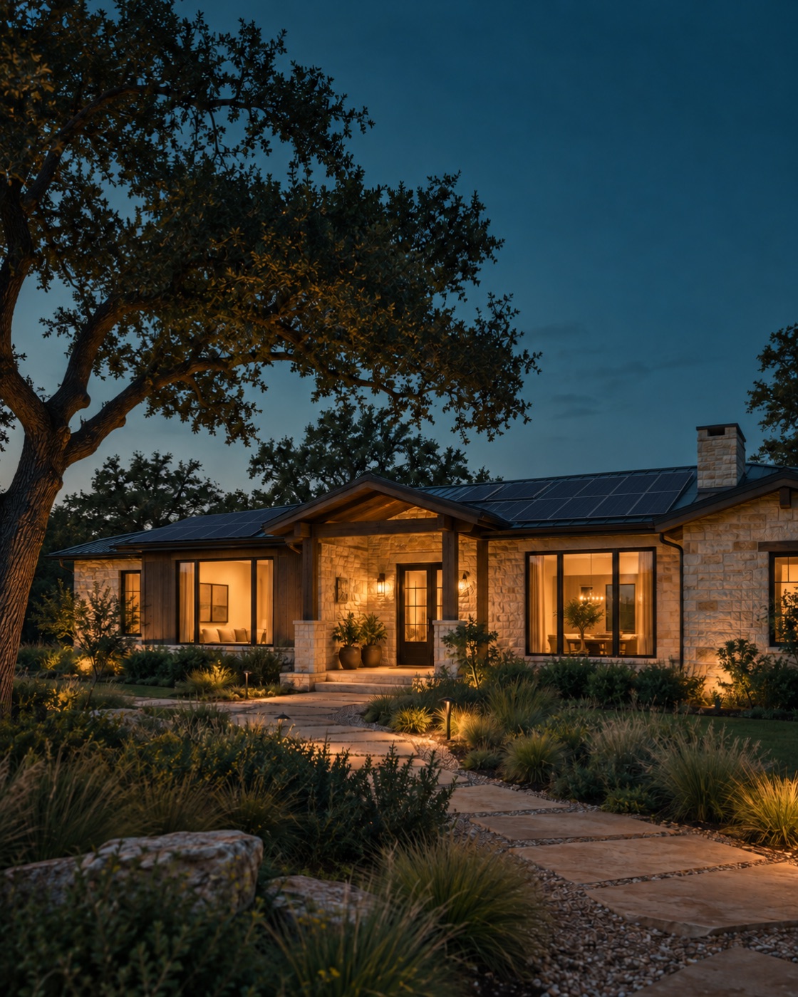 Concept image of a Texas home with rooftop solar panels at dusk